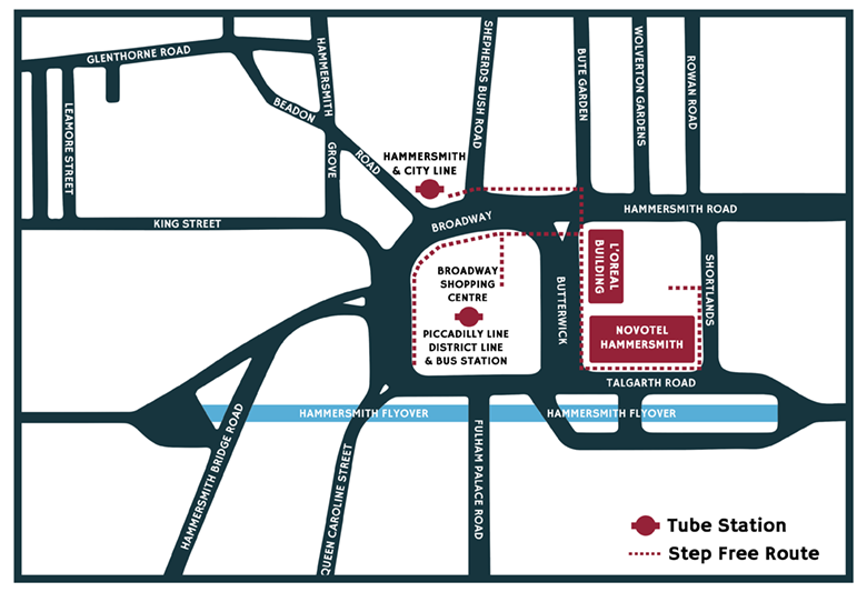 An image of a map of the area around Novotel London West, including a step-free access route from tube stations