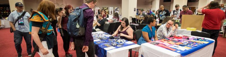 Photo of vendor hall at Nine Worlds 2016 by Tracy Howl